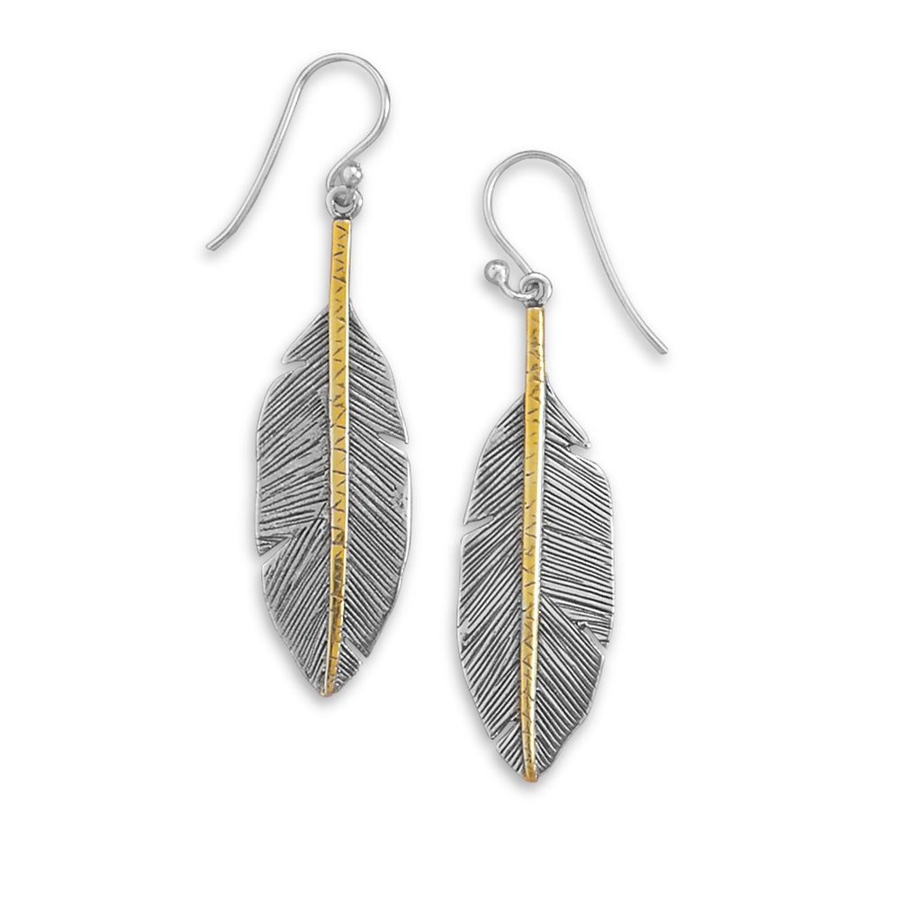Feather Earrings Two Tone Antique Finish Gold-plated Sterling Silver