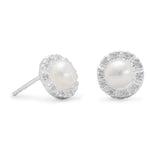 White Cultured Freshwater Pearl Stud Earrings with CZ Halo Sterling Silver