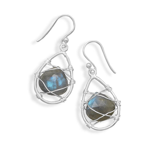 Sterling Silver Labradorite Dangle Earrings with Wire Wrap