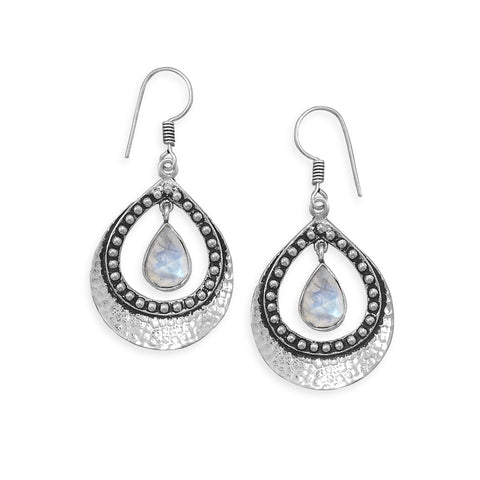 Rainbow Moonstone Pear Shape Earrings Hammered and Bead Design Antiqued Sterling Silver