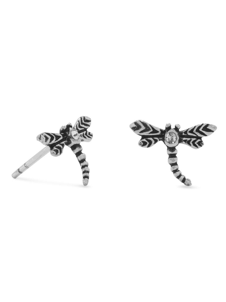 Small Dragonfly Post Stud Earrings with Clear Crystal Accents Sterling Silver