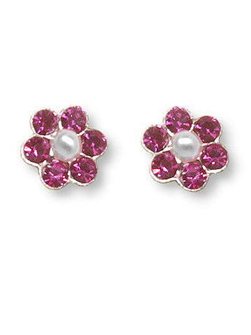 Flower Stud Earrings Pink Crystal and Imitation Pearl Center 5mm Sterling Silver