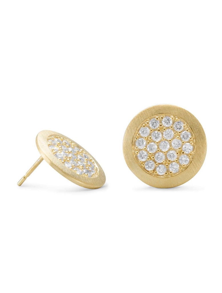 Button Post Stud Earrings Yellow Gold-plated with Pave Cubic Zirconia
