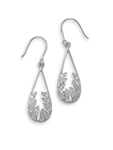 Leaf Design Earrings Teardrop Shape Studded with Sparkling Cubic Zirconia Rhodium on Sterling Silver