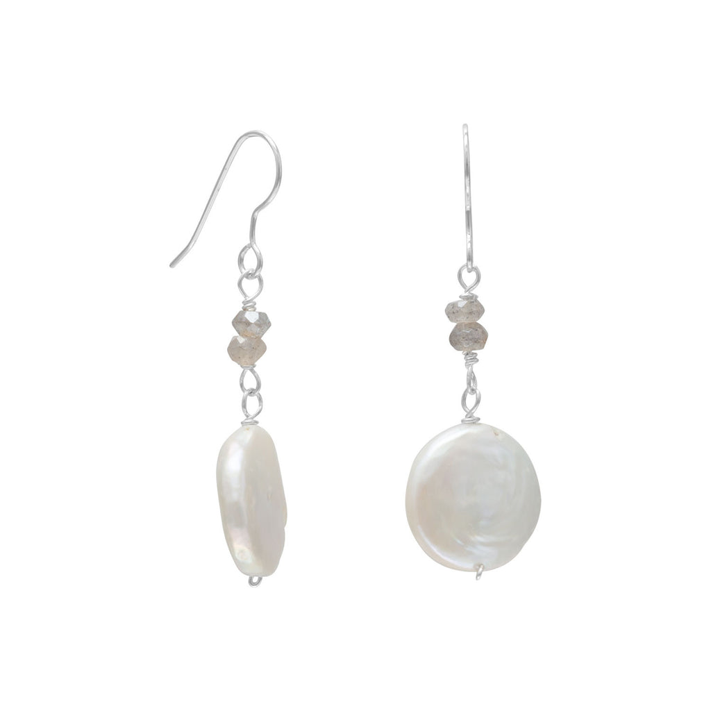 White Cultured Freshwater Pearl and Labradorite Drop Earrings Sterling Silver