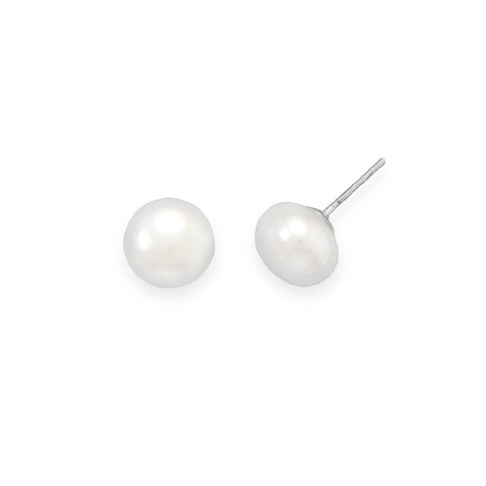 White Cultured Freshwater Pearl Button Stud Post Earrings Sterling Silver