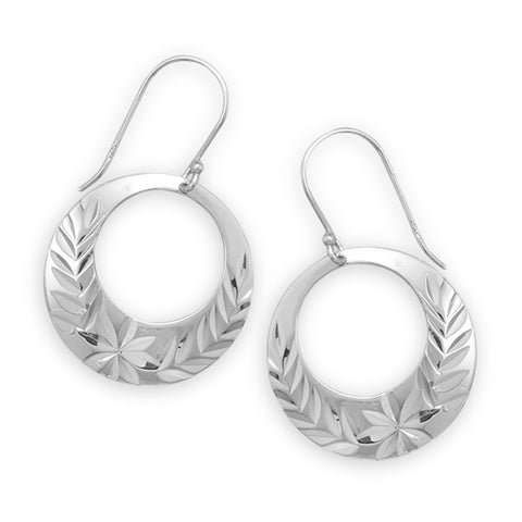 Doughnut Circle Hoop Dangle Earrings with Diamond-cut Flower and Leaf Design Sterling Silver