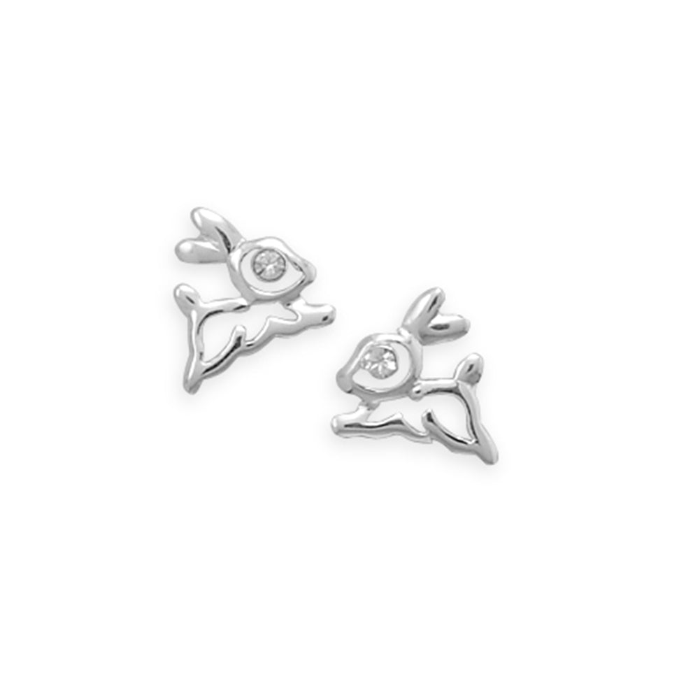 Hopping Bunny Rabbit Post Stud Earrings with Cubic Zirconia Eyes Sterling Silver