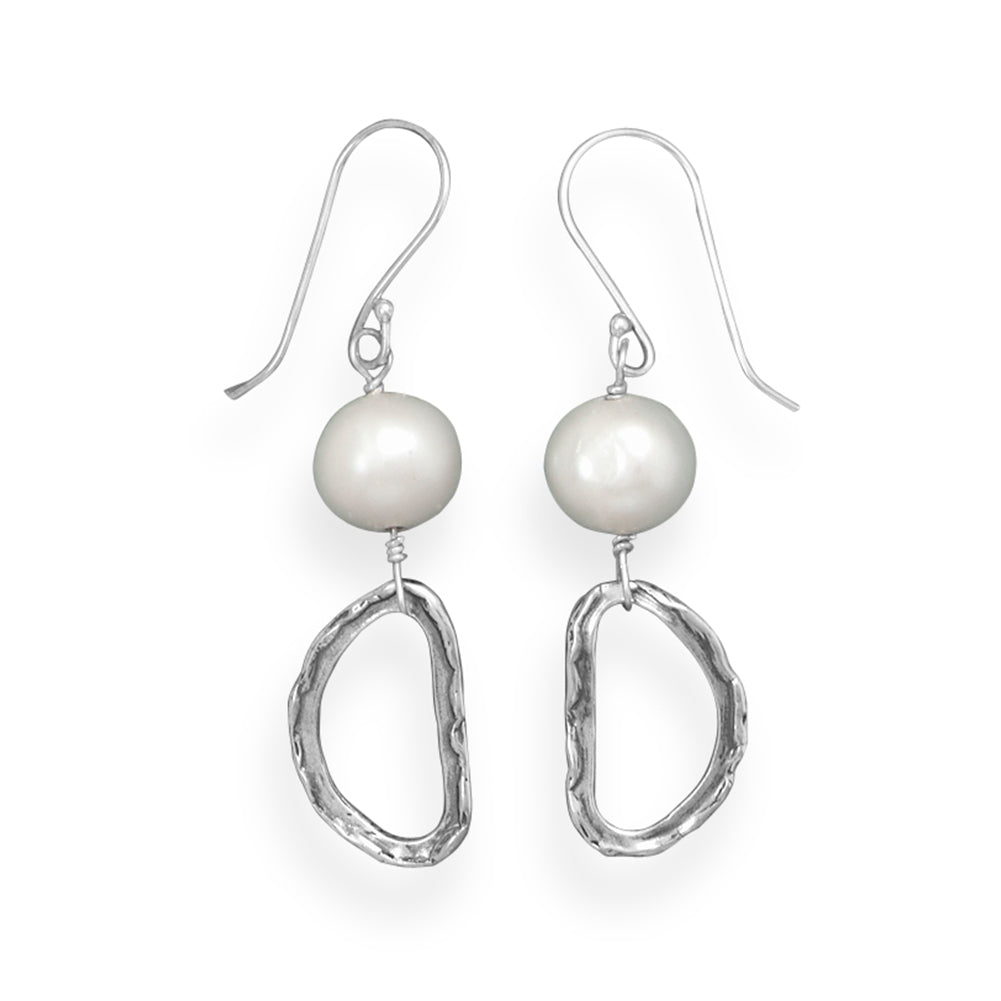 Cultured Freshwater Pearl Earrings with Antiqued Hammered Drop Sterling Silver