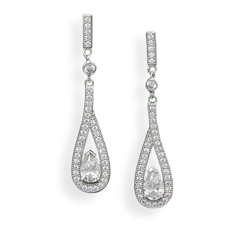 Micro Pave Cubic Zirconia Dangle Earrings with Ribbon Drop Teardrop Rhodium on Sterling Silver - Non