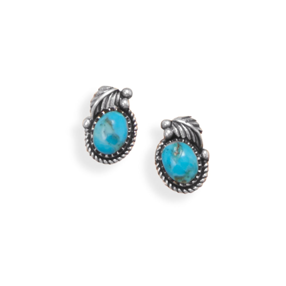 Reconstituted Turquoise Post Stud Earrings Oval with Leaf Design Sterling Silver