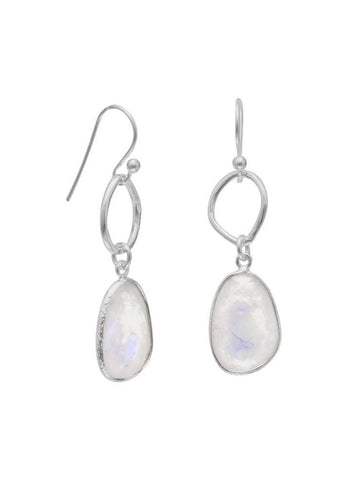 Rainbow Moonstone Earrings Freeform Shape and Circle Dangle Drop Sterling Silver