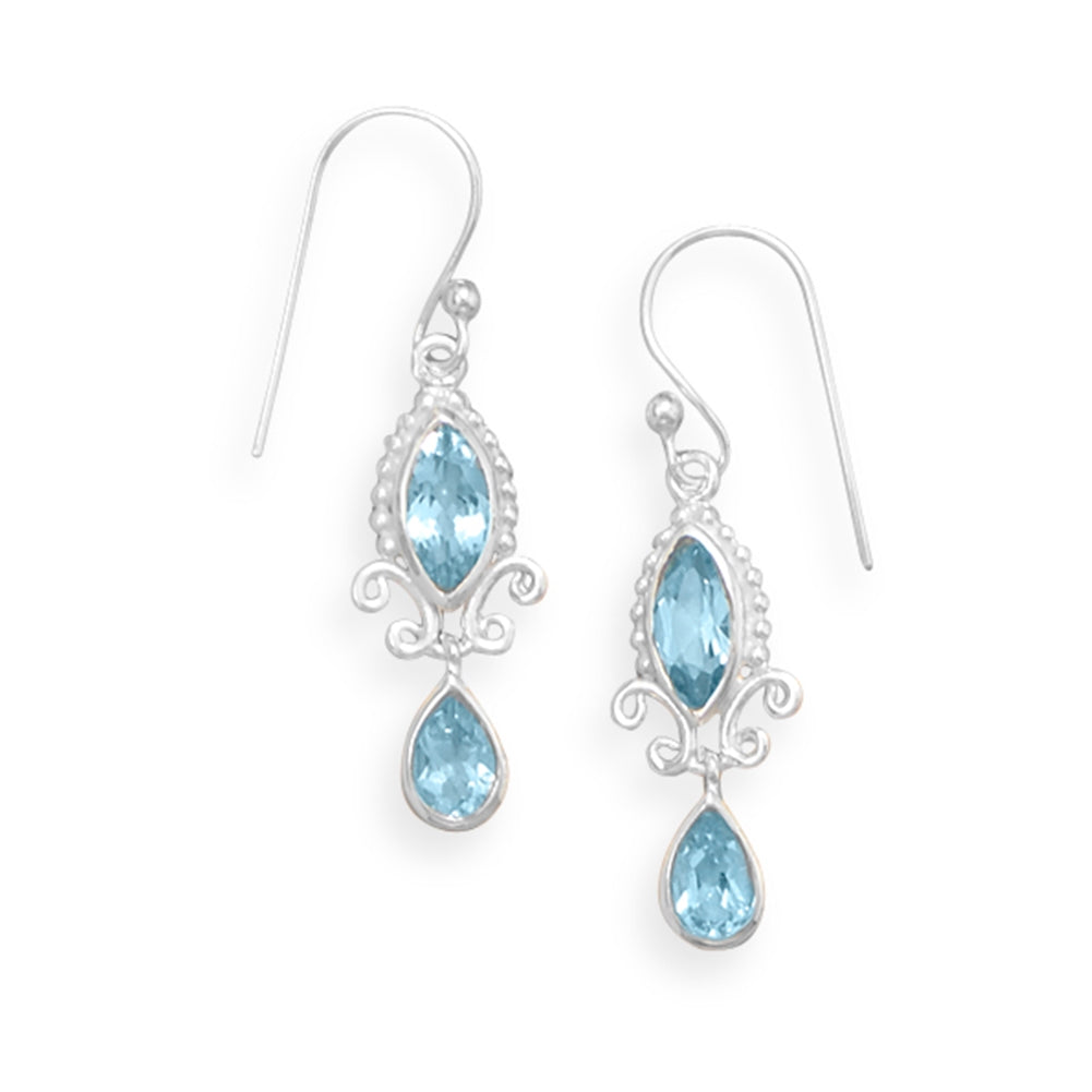 Blue Topaz Earrings Marquise and Pear Shape with Bead and Scroll Fancy Setting