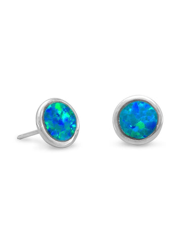 Synthetic 7mm Blue Opal Stud Earrings Rhodium on Sterling Silver - Nontarnish