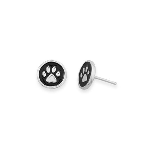 Paw Print Stud Earrings Black and Sterling Silver 9mm Diameter