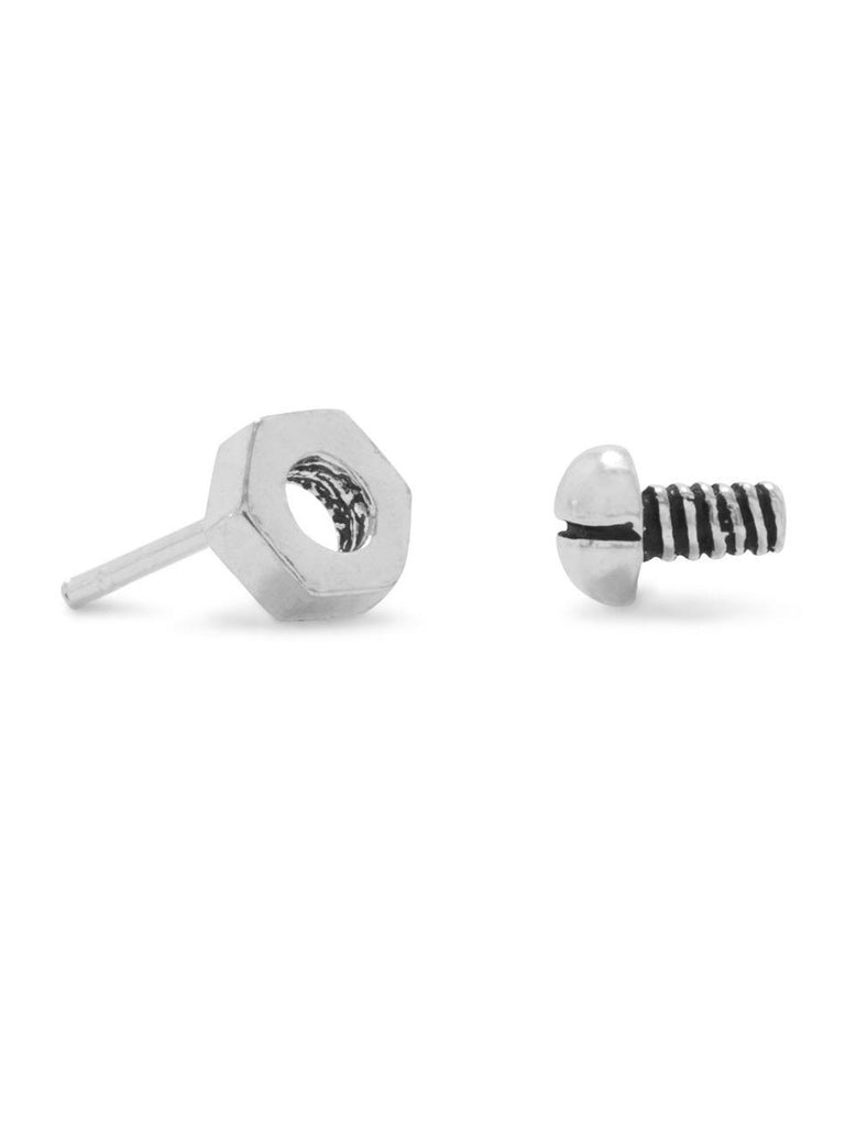 Mens Stud Earrings Nut and Bolt Antique Finish Sterling Silver