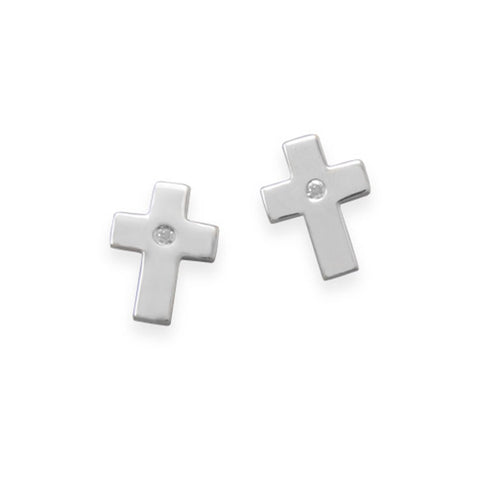 Diamond Cross Stud Post Earrings Rhodium on Sterling Silver - Nontarnish