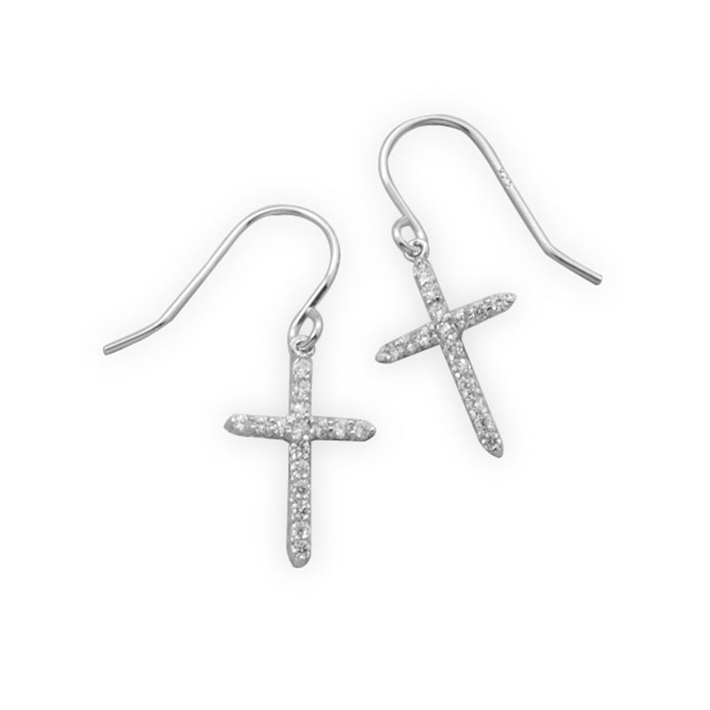 Cross Earrings Dangle with Cubic Zirconia Rhodium on Sterling Silver - Nontarnish