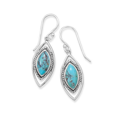 Sterling Silver Reconstituted Turquoise Earrings Marquise Shape Rope Frame