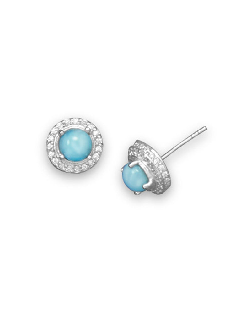 Larimar Post Stud Earrings with Cubic Zirconia Halo Rhodium on Sterling Silver