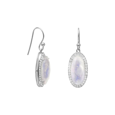 Rainbow Moonstone Earrings Oval with Cubic Zirconia Halo Dangle Sterling Silver