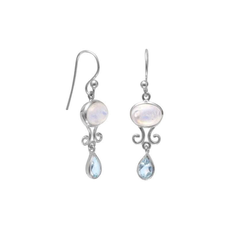 Rainbow Moonstone and Blue Topaz Earrings Sterling Silver Scroll Design