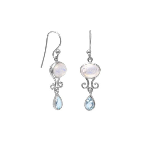 Rainbow Moonstone and Blue Topaz Earrings Sterling Silver Scroll Design