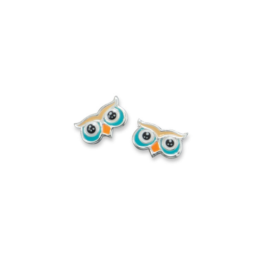 Owl Face Eyes Post Stud Earrings Sterling Silver Orange Yellow Blue