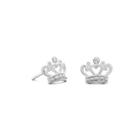 Sterling Silver Crown Post Stud Earrings with Heart Design Crystal Accents