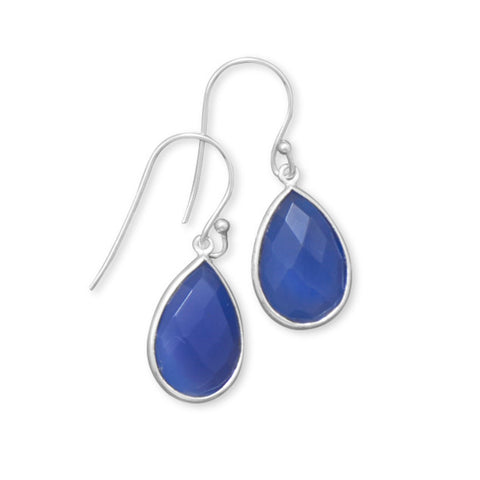 Blue Chalcedony Dangle Earrings Teardrop Shape Faceted Sterling Silver