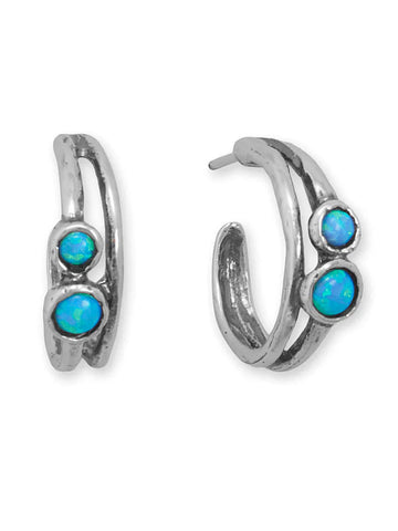 Synthetic Opal 3/4 Hoop Earrings Sterling Silver Oxidized Finish