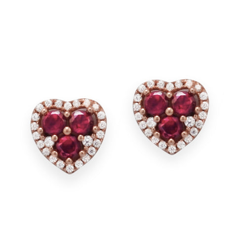 Heart Stud Earrings with Clear and Red Cubic Zirconia Rose Gold-plated