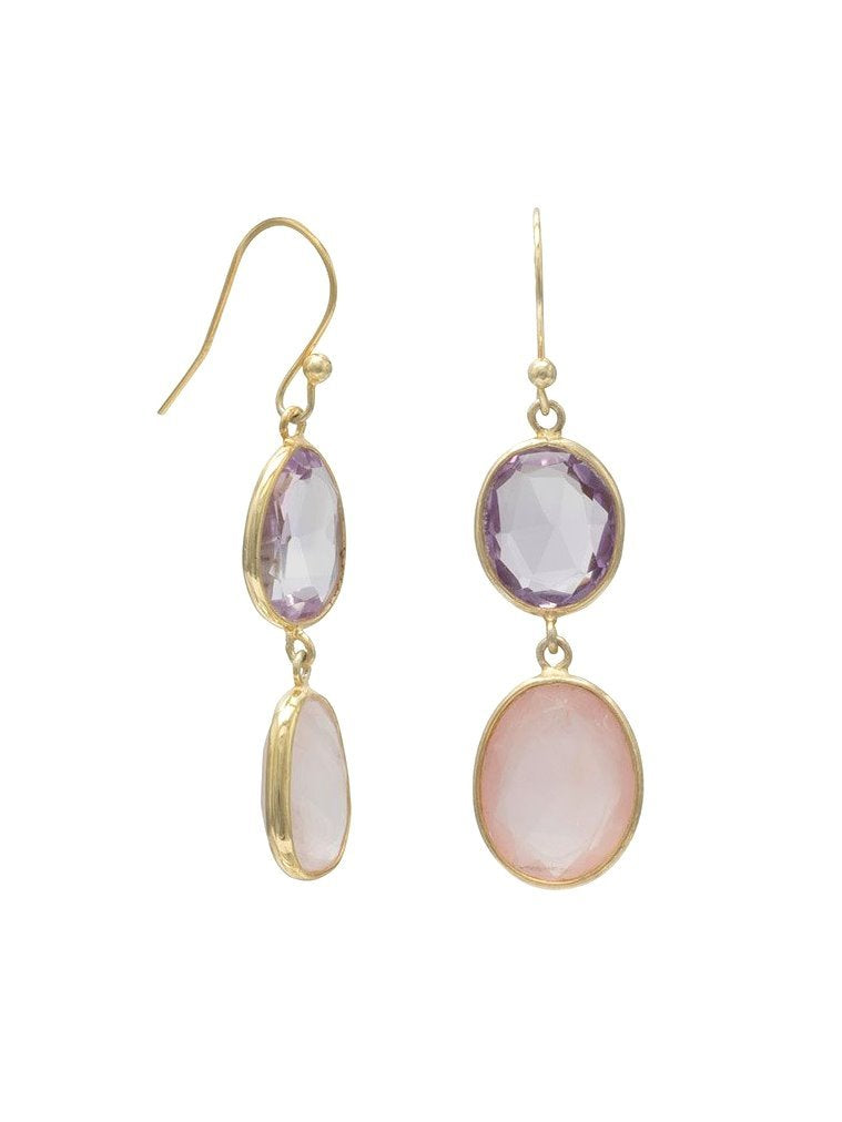 Rose Quartz and Purple Amethyst Dangle Drop Earrings Gold-plated Sterling Silver