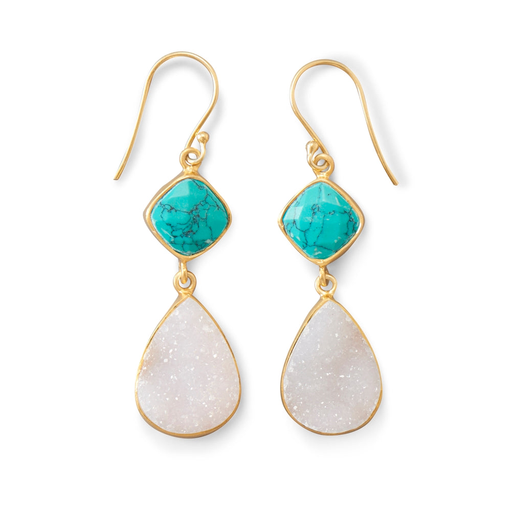 White Druzy and Stabilized Turquoise Earrings Gold-plated Sterling Silver