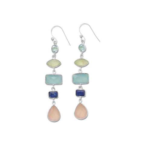 Blue Topaz Prehnite Chalcedony Lapis and Rose Quartz Dangle Earrings Sterling Silver