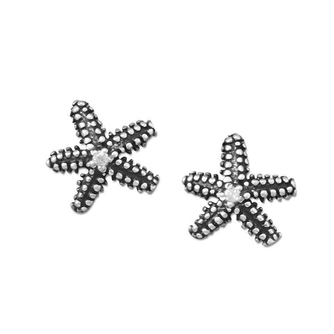 Starfish Stud Earrings Sterling Silver with Cubic Zirconia Center Antique Finish