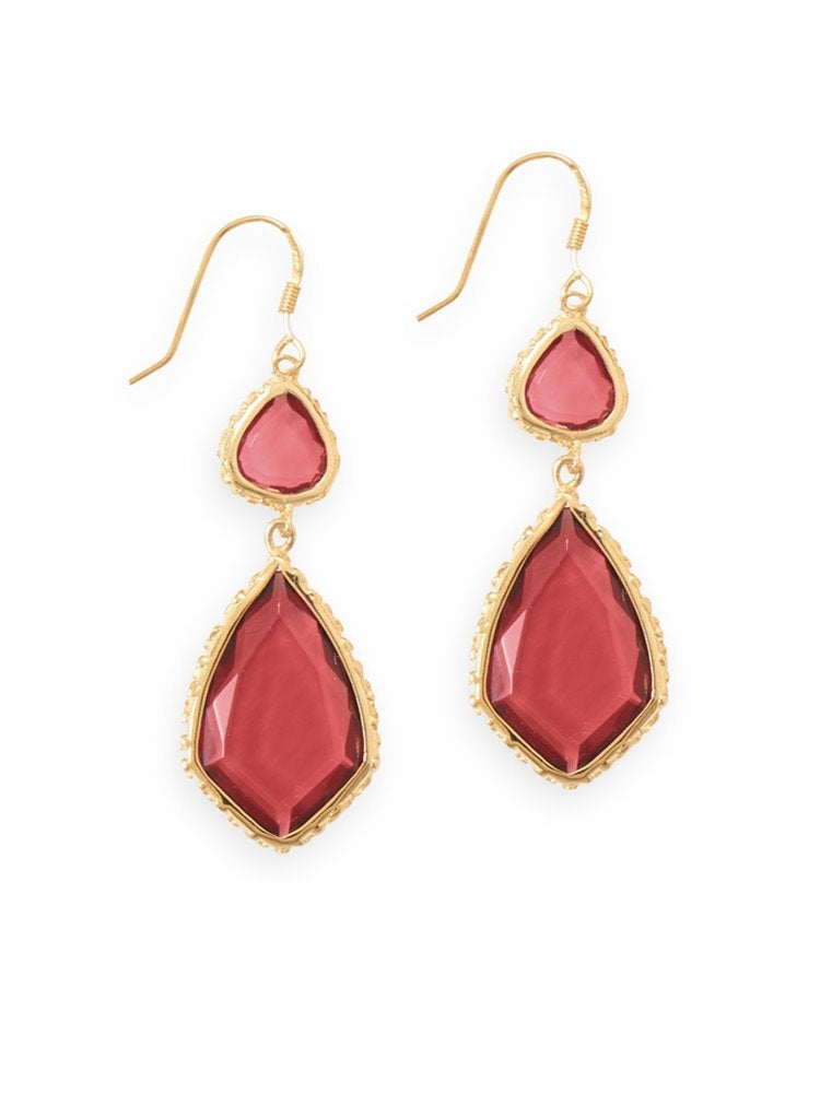 Red Color Glass Double Drop Shape Drop Earrings Gold-plated Sterling Silver