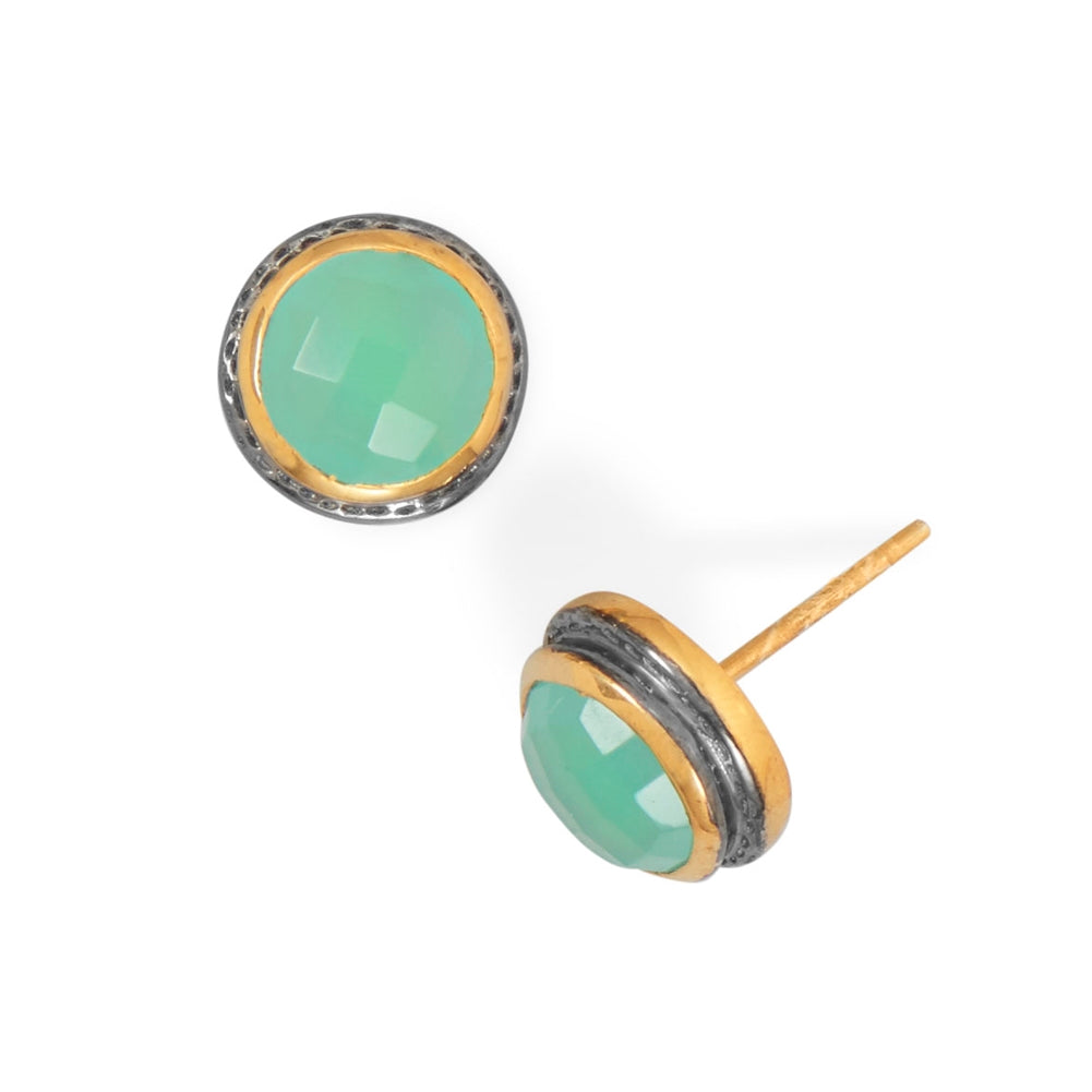 Green Chalcedony Stud Earrings Gold-plated Sterling Silver with Gunmetal Edge