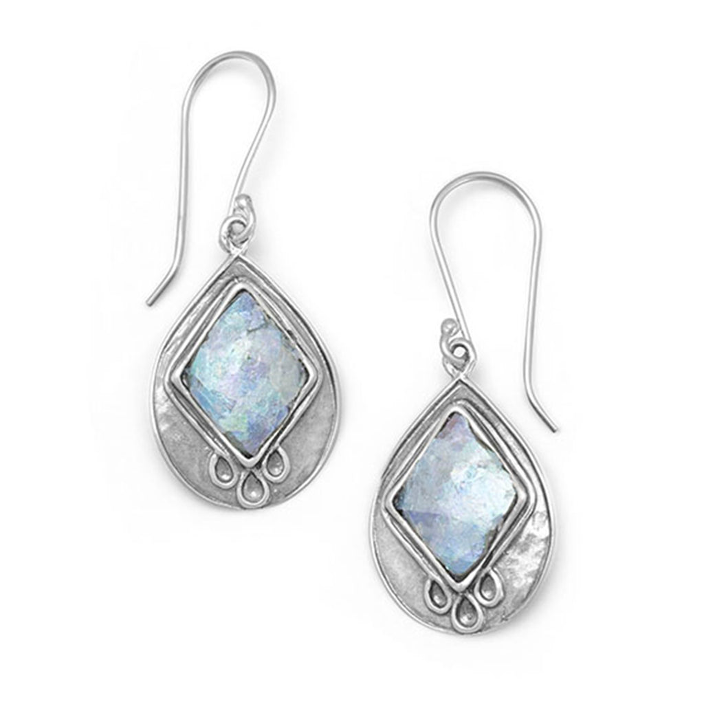 Ancient Roman Glass Earrings Teardrop with Diamond-shape Inlay Sterling Silver