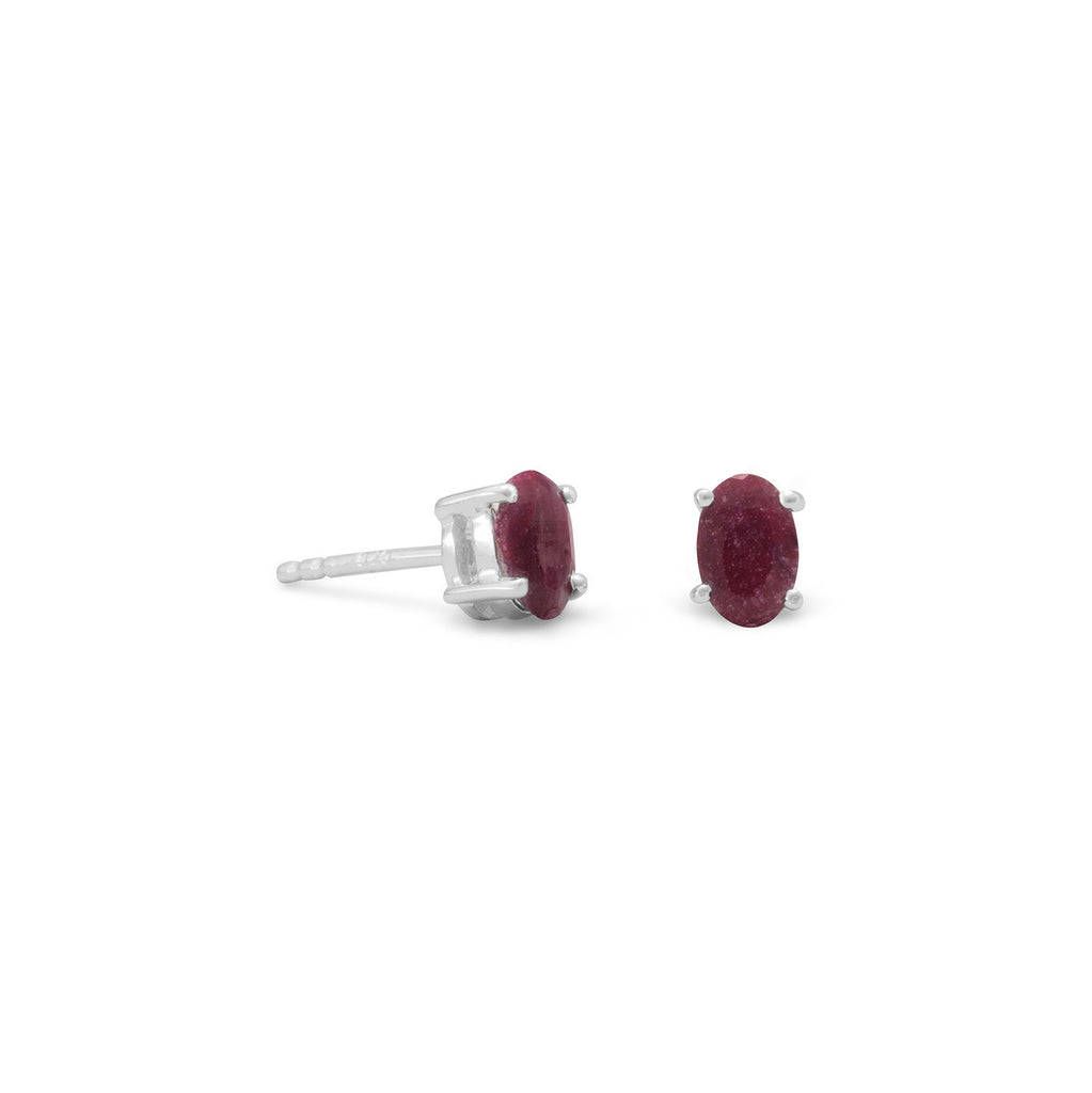 Small Oval Dyed Red Corundum Post Stud Earrings Sterling Silver