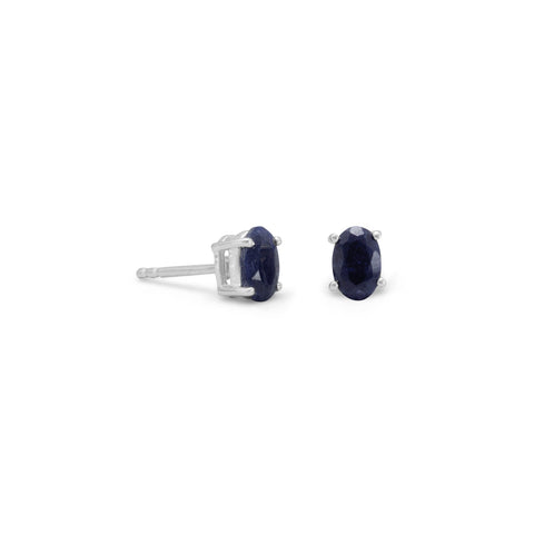 Small Oval Dyed Blue Corundum Post Stud Earrings Sterling Silver