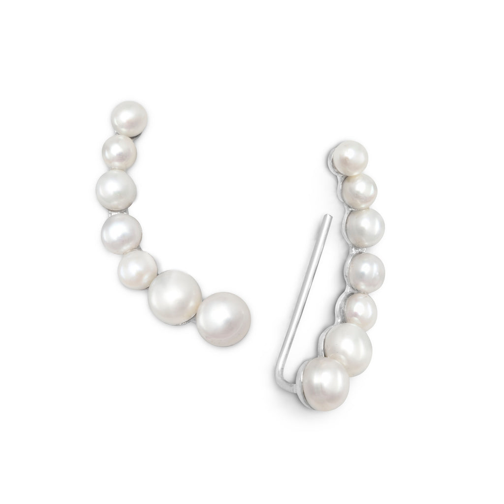 Ear Climber Earrings White Cultured Freshwater Pearls Rhodium on Sterling Silver