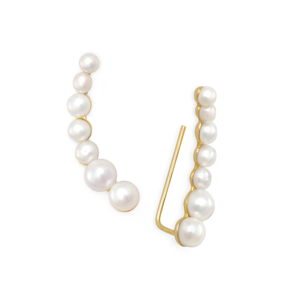 Ear Climber Earrings White Cultured Freshwater Pearls Gold-plated Sterling Silver