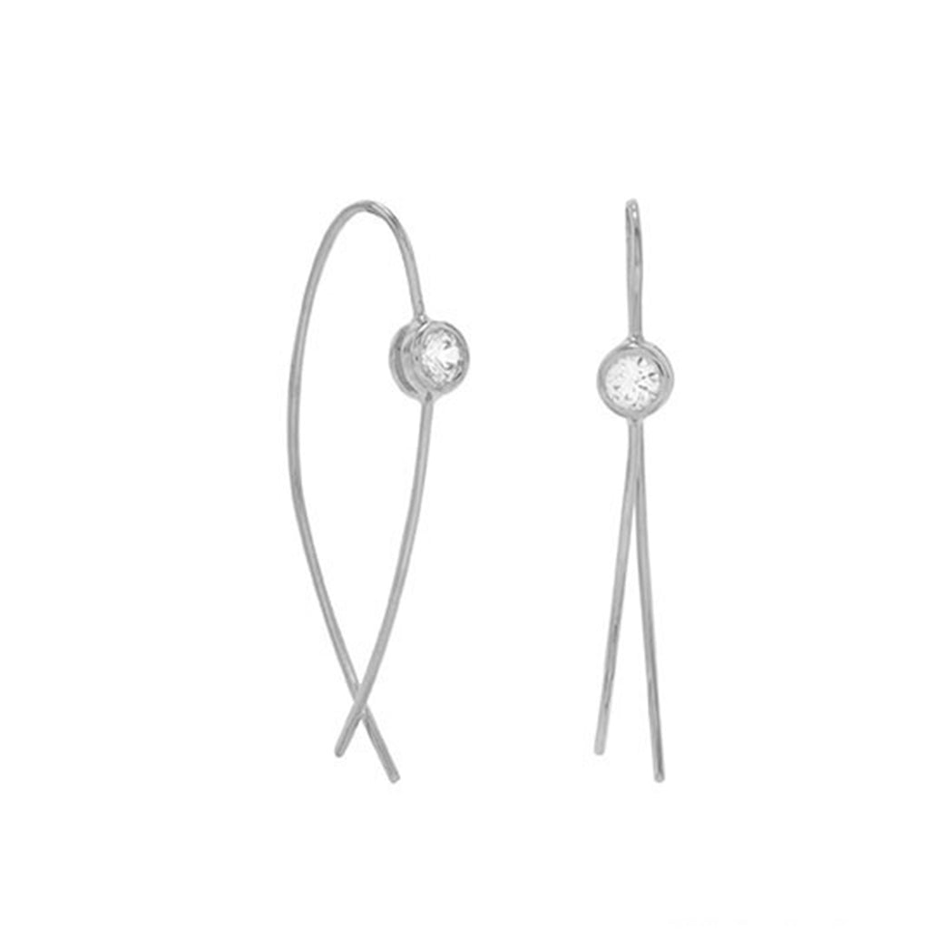 Curved Wire Drop Earrings Rhodium-plated Sterling Silver with Cubic Zirconia