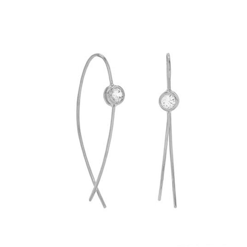 Curved Wire Drop Earrings Rhodium-plated Sterling Silver with Cubic Zirconia