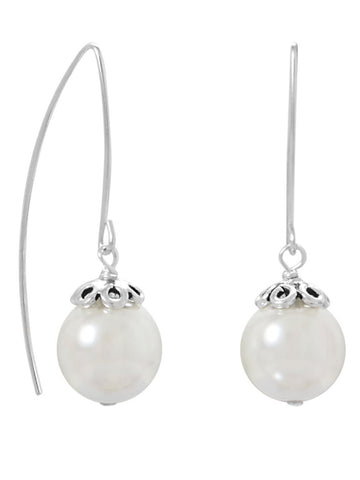 Sterling Silver Imitation Pearl Drop Earrings with Curved Ear Wire and Bead Cap