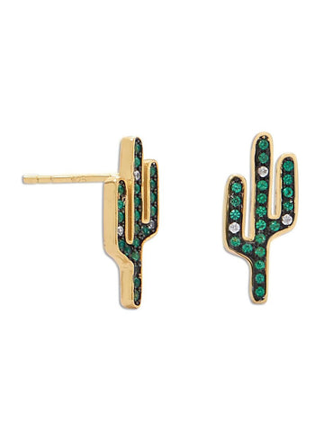 Saguaro Cactus Post Stud Earrings Gold-plated Sterling Silver Cubic Zirconia