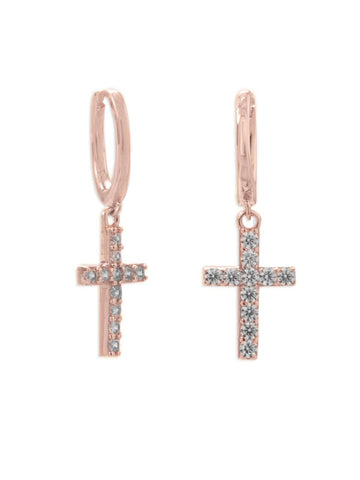 Rose Gold-plated Sterling Silver Huggie Hoop Earrings with Dangle Cross