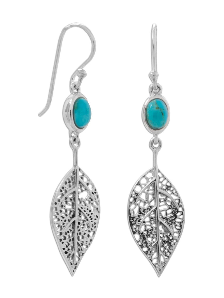 Sterling Silver Filigree Leaf Drop Reconstituted Turquoise Earrings