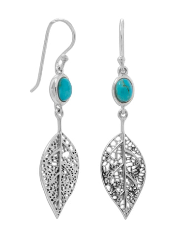 Sterling Silver Filigree Leaf Drop Reconstituted Turquoise Earrings